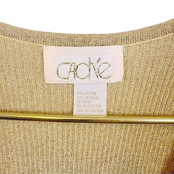 VINTAGE 90’s Caché Metallic Gold Pearls & Bead Sleeveless Cotton Ribbed Knit Top - Picture 4 of 4